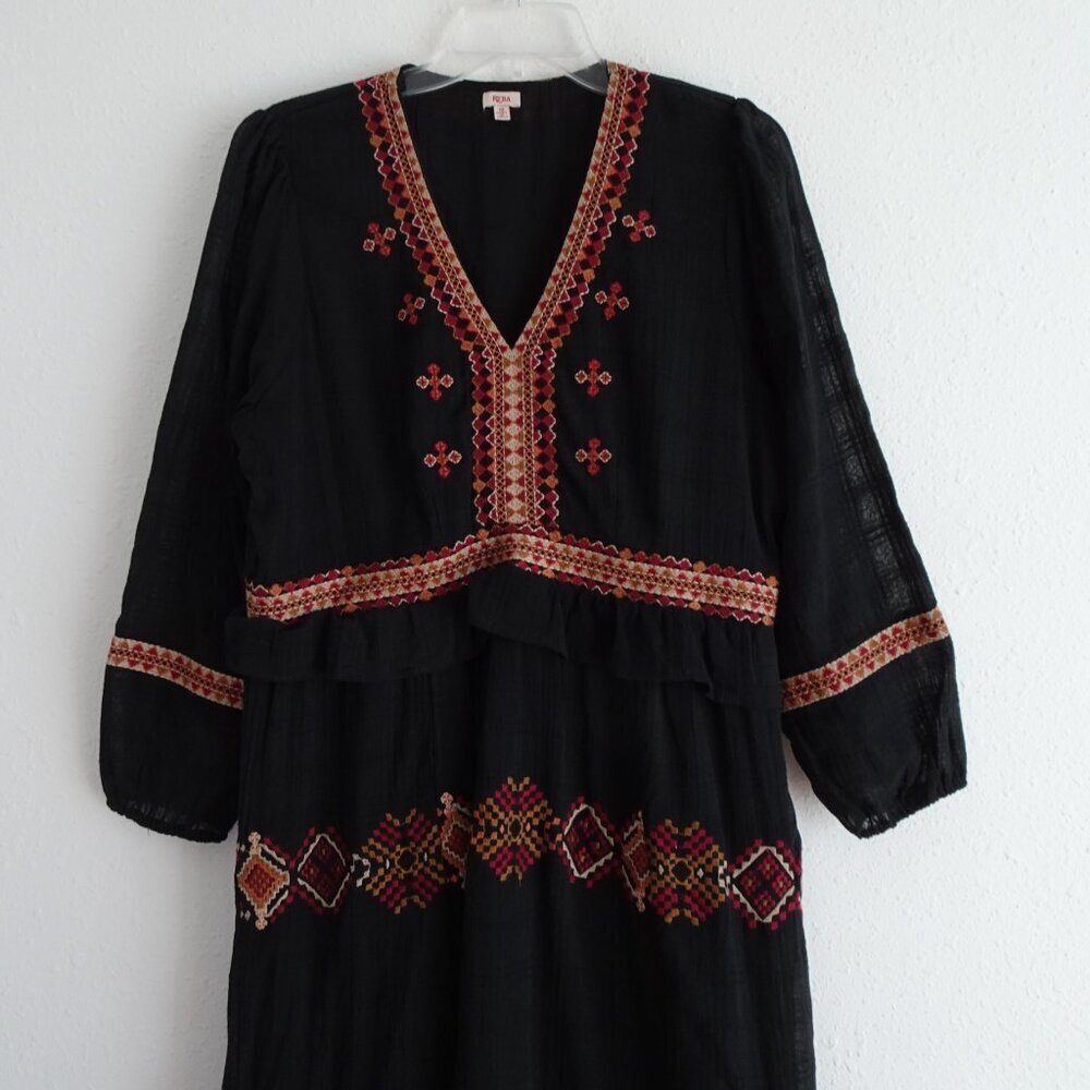 Reba Embroidered Dress Women's Size 10 Black Ruffle Tiered V-Neck Midi Boho - Picture 2 of 12